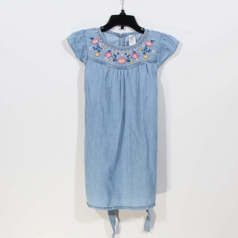Carter's Girls Denim Tie Belt Toddler Dress with Floral Embroidery Size 4T